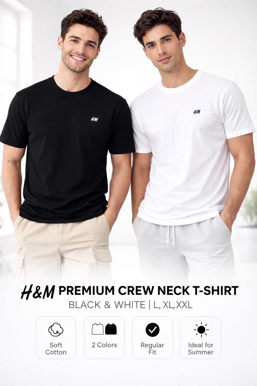 H&M Premium V-Neck T-Shirt – Black & White