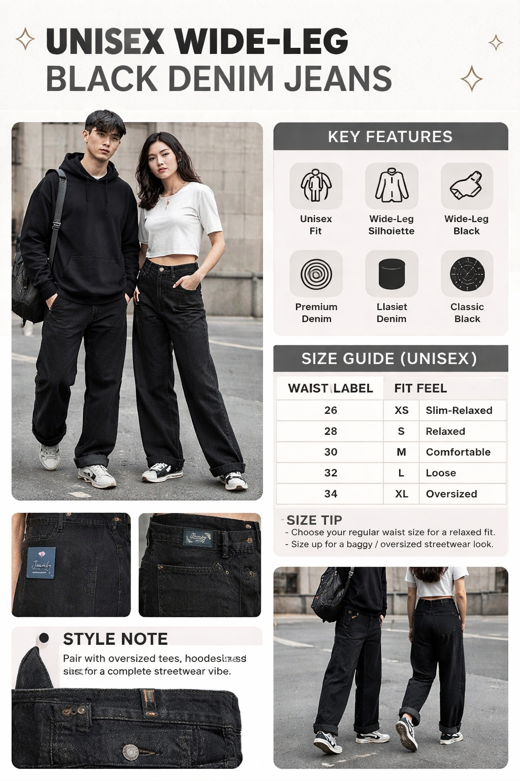 Unisex Wide-Leg Dark Brown Denim Jeans