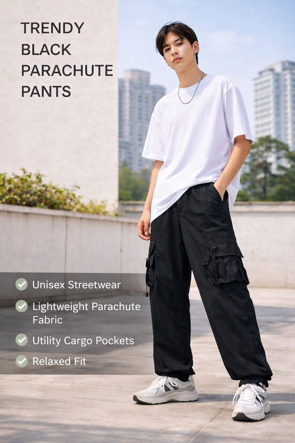 Trendy Black Parachute Cargo Pants
