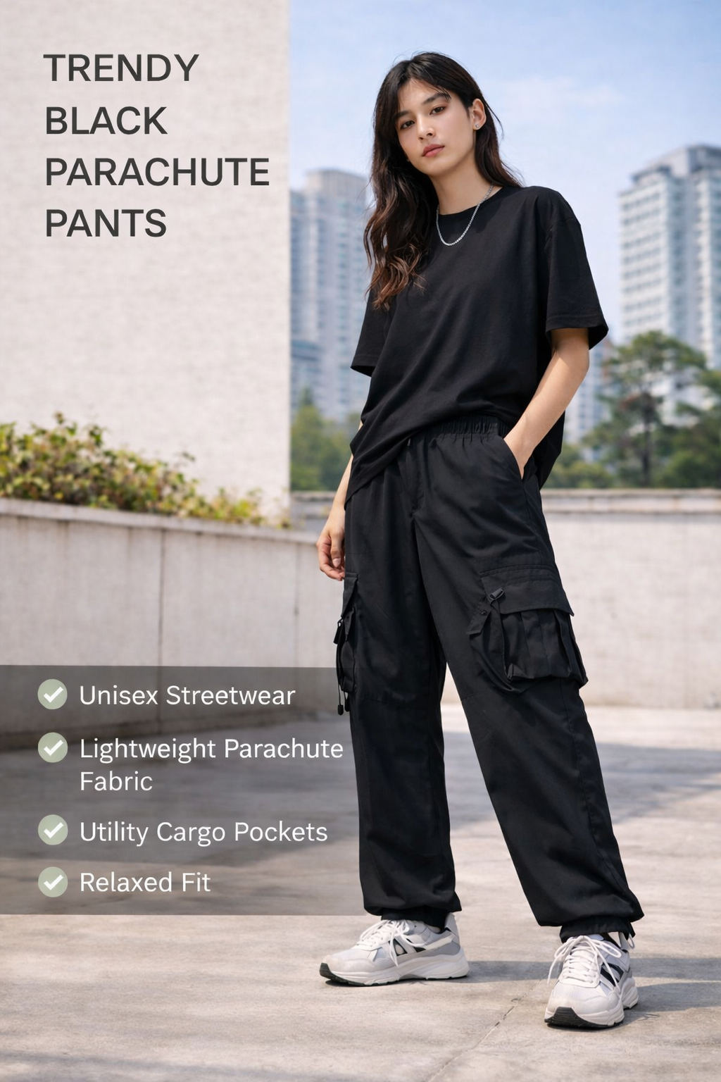 Trendy Black Parachute Cargo Pants