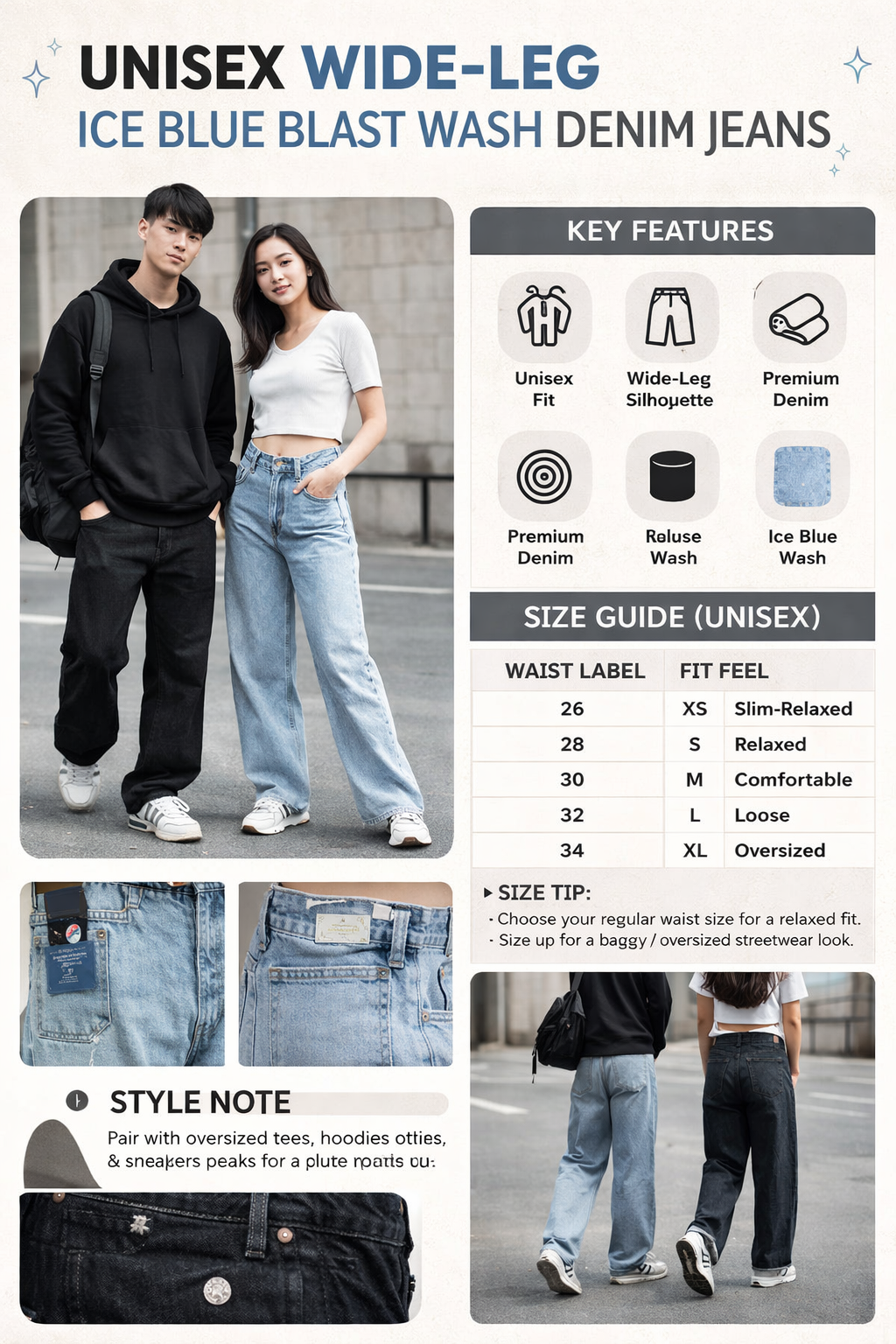 Unisex Wide-Leg Ice Blue Blast Wash Denim Jeans