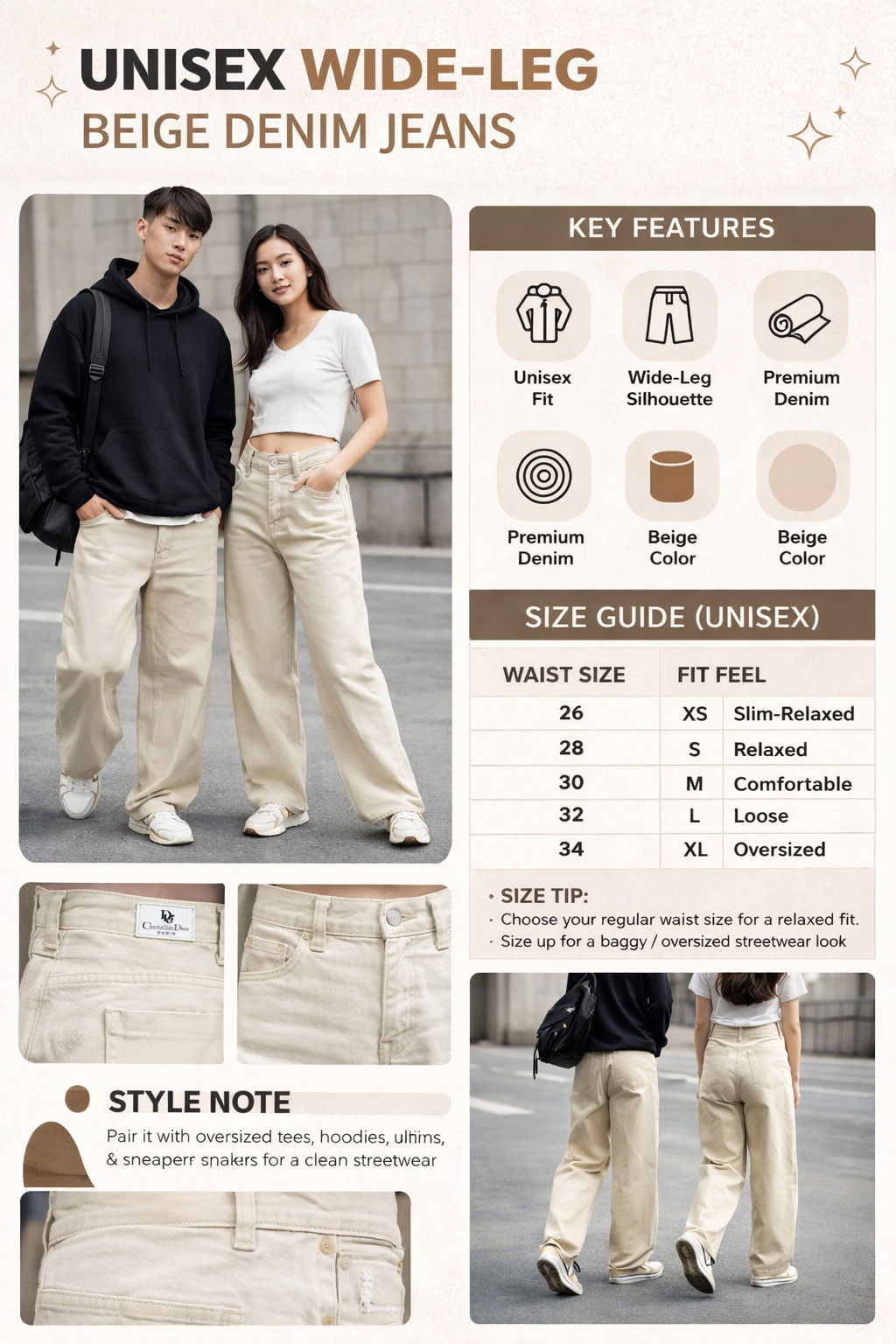 Unisex Wide-Leg Beige Denim Jeans