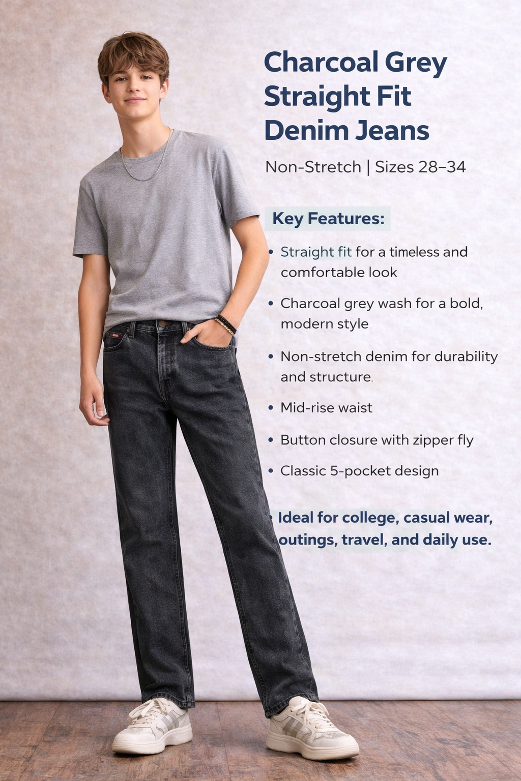 Charcoal Grey Straight Fit Denim Jeans