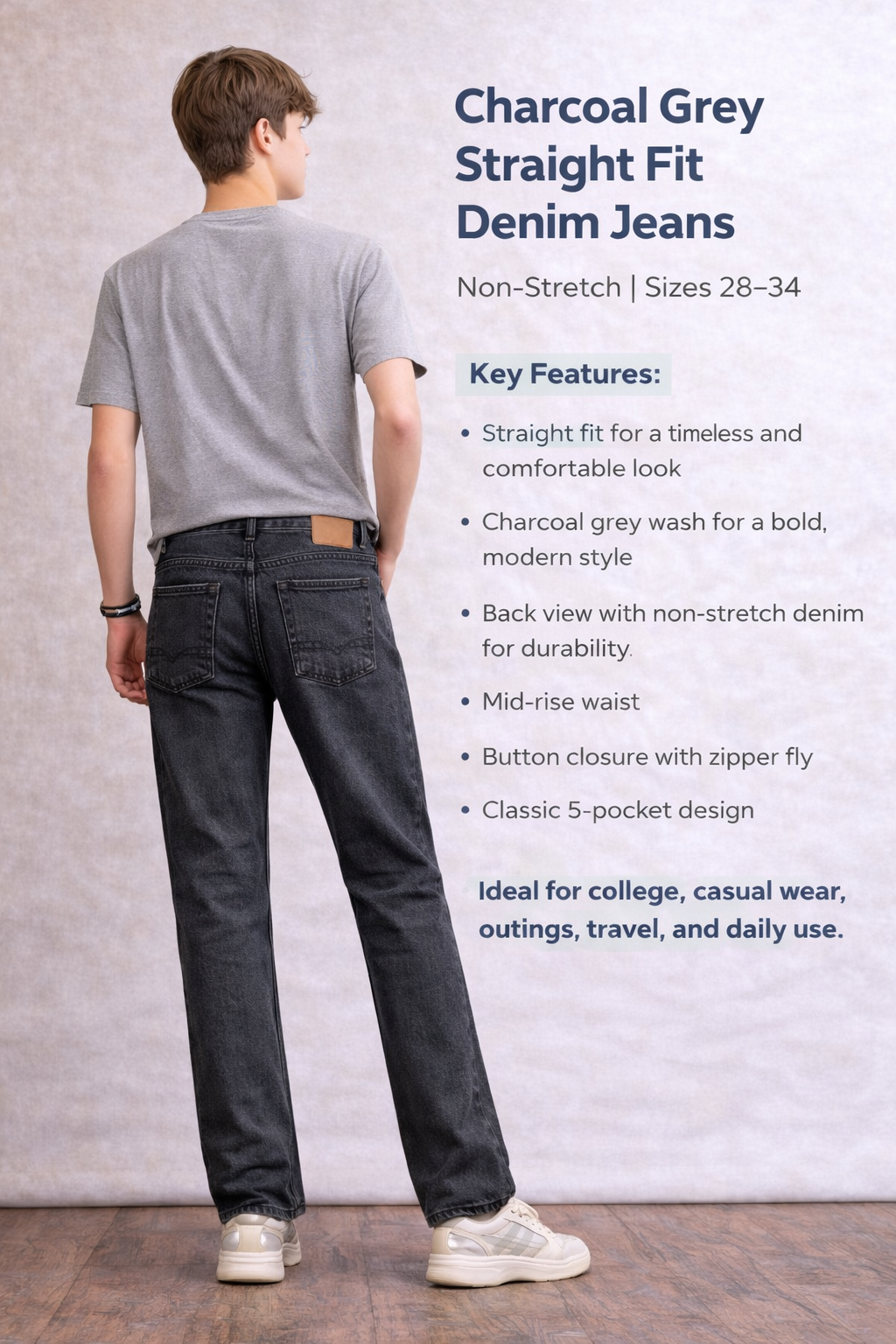 Charcoal Grey Straight Fit Denim Jeans