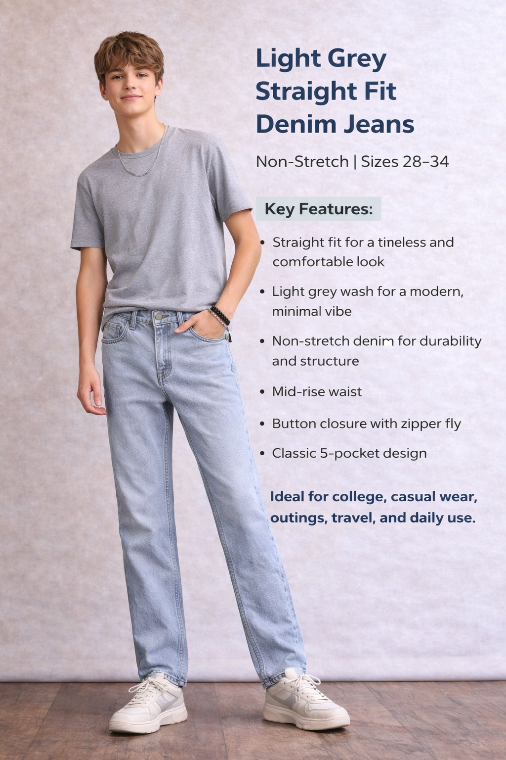 Light Grey Straight Fit Denim Jeans