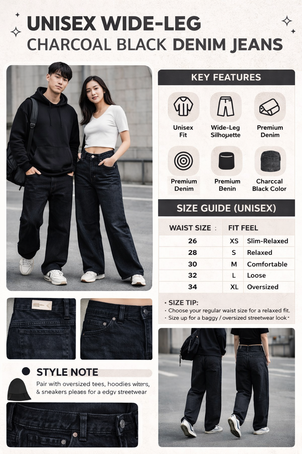 Unisex Wide-Leg Charcoal Black Denim Jeans