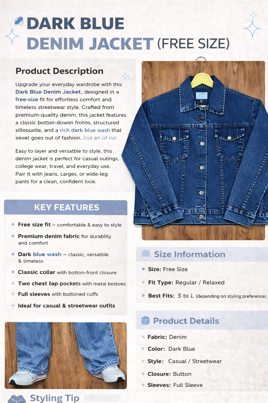 Dark Blue Denim Jacket (Free Size)