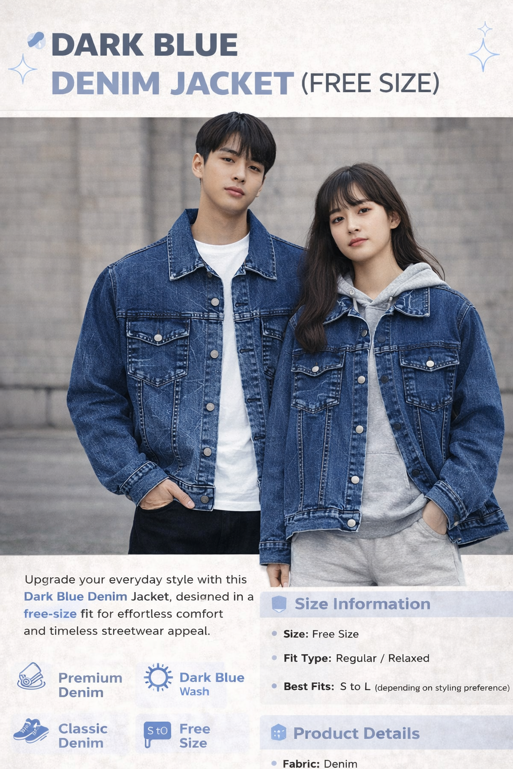 Dark Blue Denim Jacket (Free Size)
