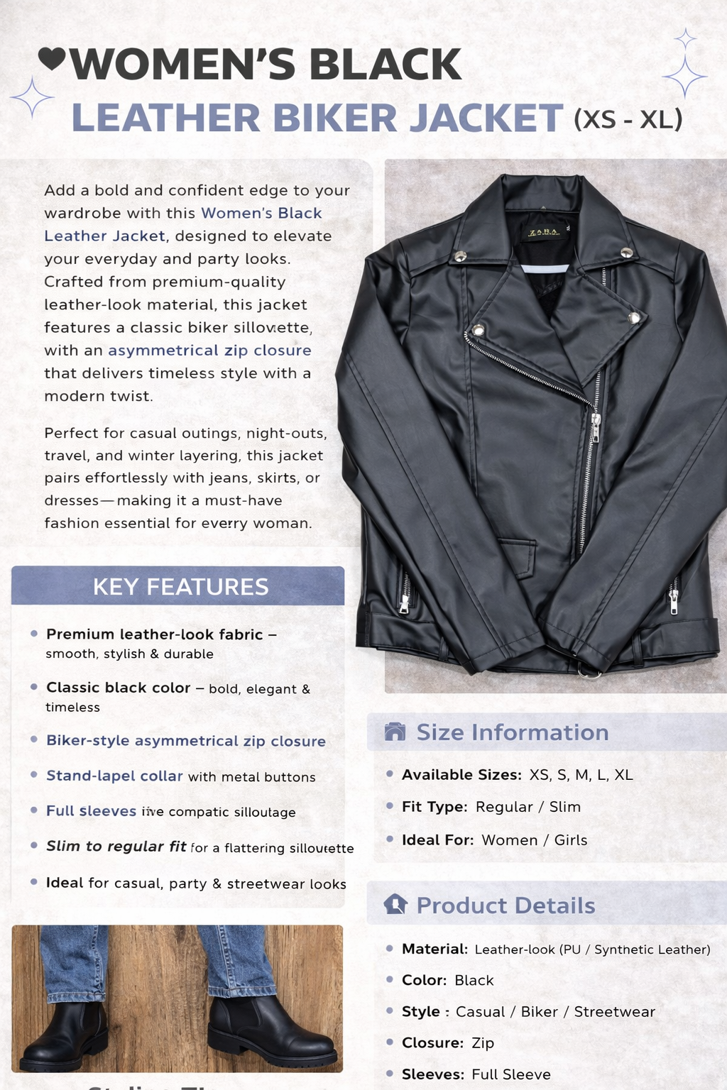 Women’s Black Leather Biker Jacket