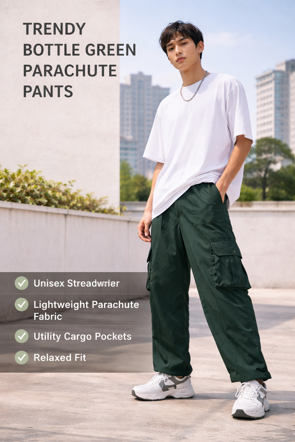 Trendy Bottle Green Parachute Pants