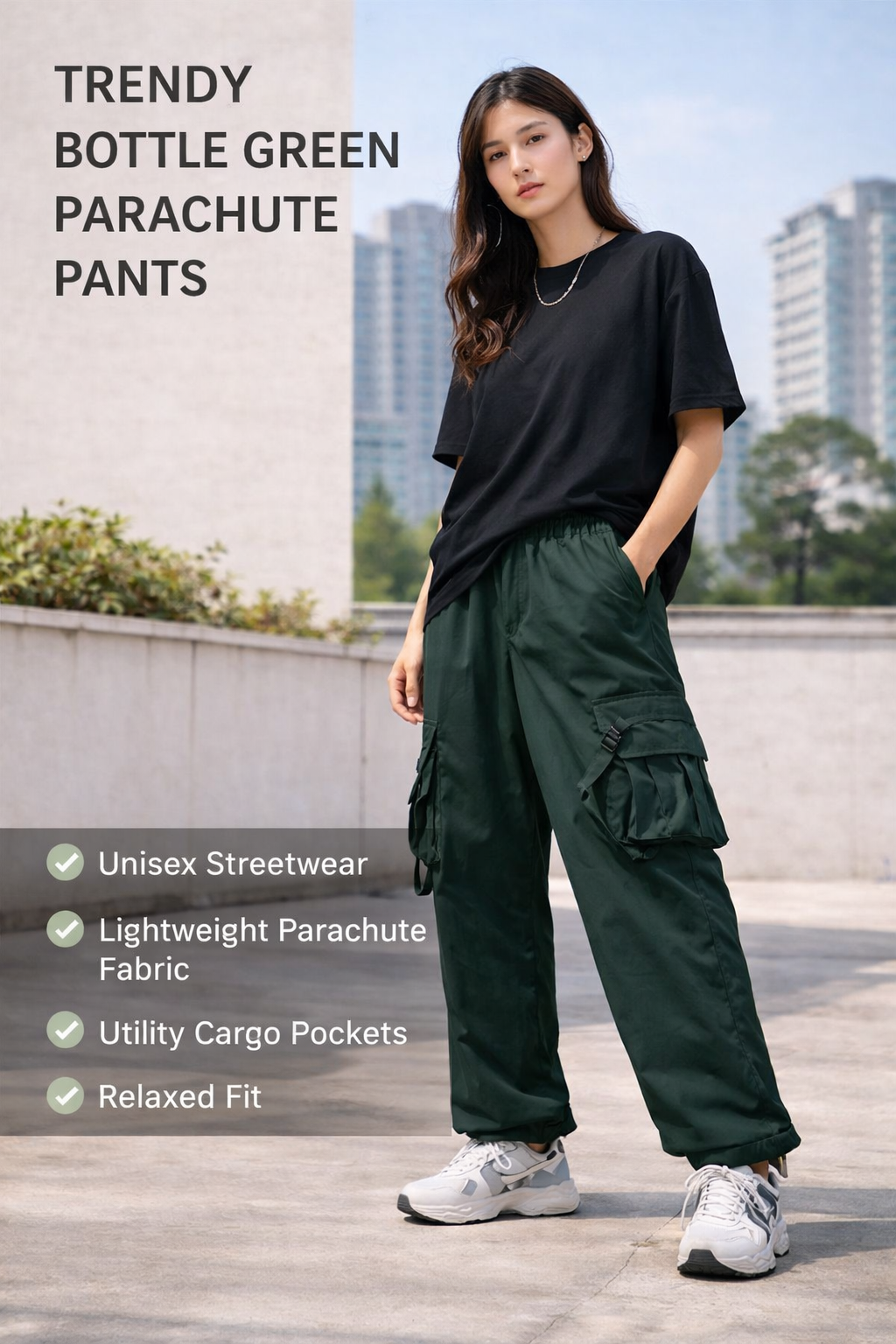 Trendy Bottle Green Parachute Pants