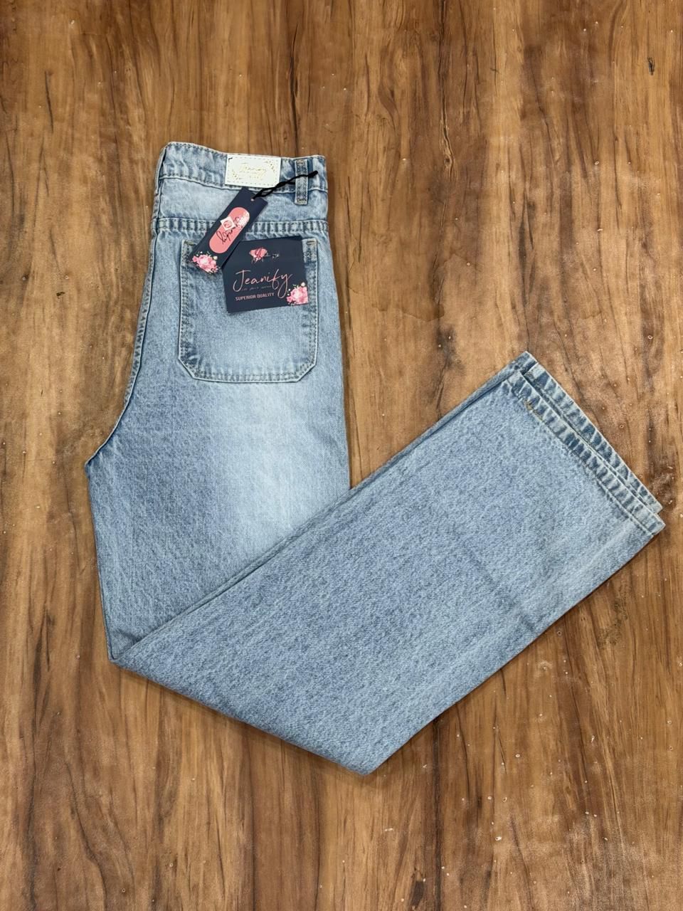 Unisex Wide-Leg Ice Blue Blast Wash Denim Jeans